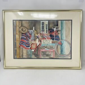 VTG Watercolor Framed Art Print Southwest Navajo Blanket Painting Signed